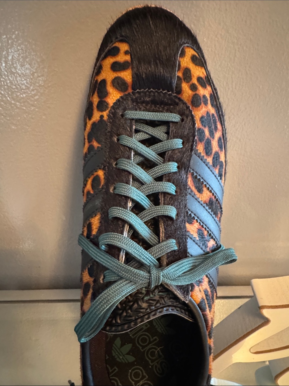 Adidas Leopard Calf Hair Sneakers with Black Stripes and Green Laces - Picture 4 of 8